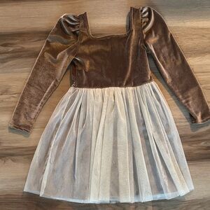Little Stocking Co Girls Velvet Long Sleeve Dress with Sparkly Cream Tulle Skirt